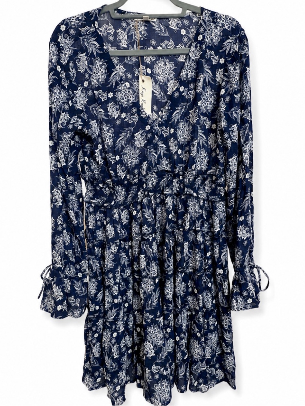 NWT King’s Road Navy Floral V-Neck Long Sleeve Mini Dress Boho - Picture 3 of 8